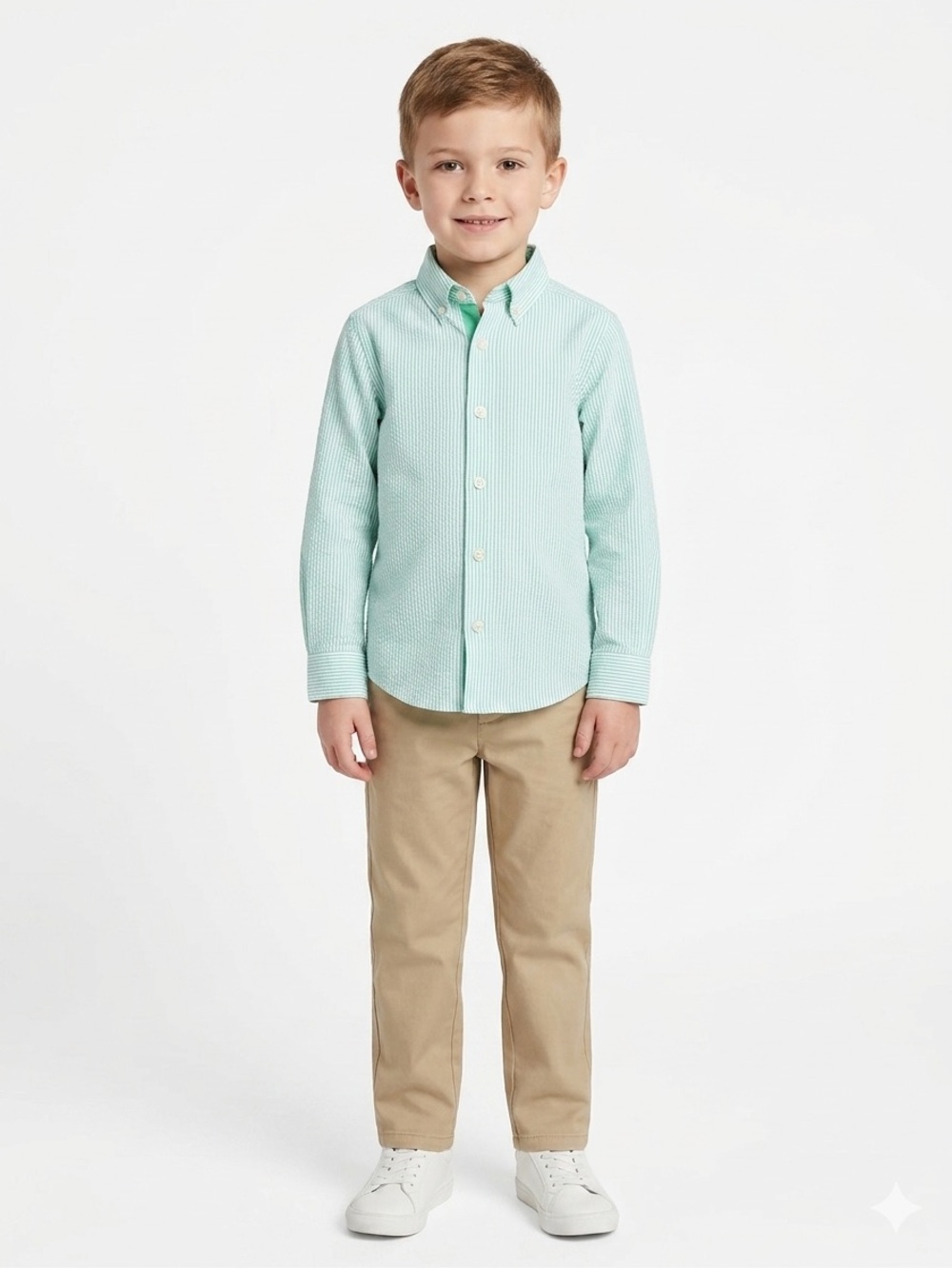 Beaux et Belles NO Boys Seersucker Button-Down Shirt Sz 6 White Mint Blue